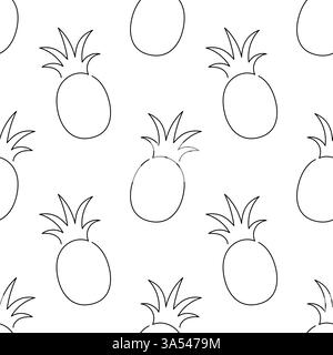 Pineapple fruit seamless pattern. Single line illustration. Line art pineapple. One line pineapple texture. Vector Outline fruit isolated on white background. Textile, fabric, texture design Stock Vector