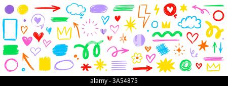 Pencil brush shape line element set. Hand drawn sketch doodle crayon kid chalk texture color element arrow,.heart, crown shape. Chalk pencil brush texture background. Vector illustration Stock Vector