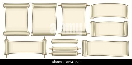 Vector Old Paper Scroll Set, collection of 9 cut out illustrations vertical and horizontal papyrus paper with copy space for ad, group of different de Stock Vector