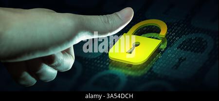 Businessman hand is unlocking security system. Online data security system and network cyber security technology. Cybersecurity Stock Photo
