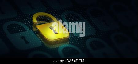 Padlock virus with threat of hacker on Binary background. Online data security system and network cyber security technology. Cybersecurity Stock Photo