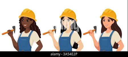 Vector portrait collection of female workers in helmets with hammer. Set of builders of different nationalities. Construction professionals in cartoon Stock Vector