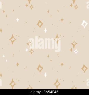 Stars sparkles line art hand drawn seamless pattern. Vector four-pointed star yellow white stars on beige background Stock Vector
