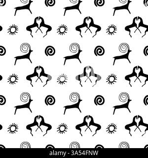 Seamless Kyrgyz Ethnic Pattern with Petroglyph-Inspired MotifsThe design features stylized ram figures, sun symbols, and abstract elements Stock Vector
