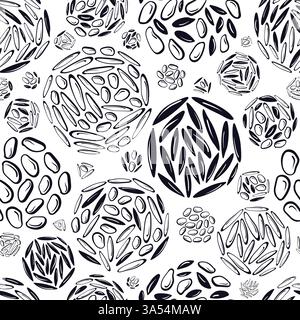 Abstract circular seamless pattern, texture background. Vector different cereals types of rice grain. Round graphic fashion black and white ornament Stock Vector