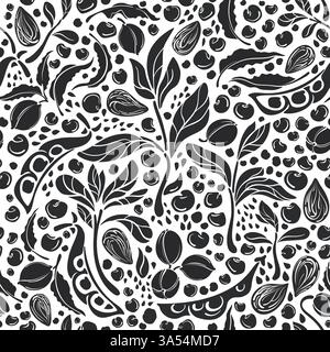 Soy beans, sesame, nuts seamless pattern. Vector pod, graphic sprout on white background. Natural vegan food. Monochrome print. Healthy ingredient, bi Stock Vector