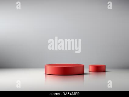 modern 3d red cylindrical podium display on a reflective surface white background, product showcases, mockups, and showroom presentations. minimalist Stock Vector