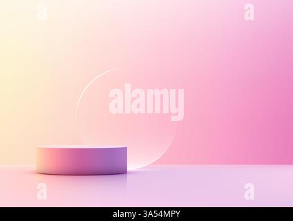 modern 3d purple cylinder podium on a vibrant pink and yellow gradient background, featuring a transparent circle, product display, mockups, and creat Stock Vector