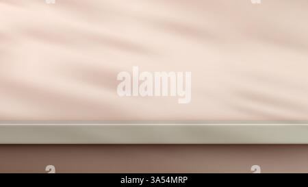 light gray shelf against a pale pink wall with soft blurred leaf shadows, creating a calm and minimalist aesthetic, perfect for product display mockup Stock Vector