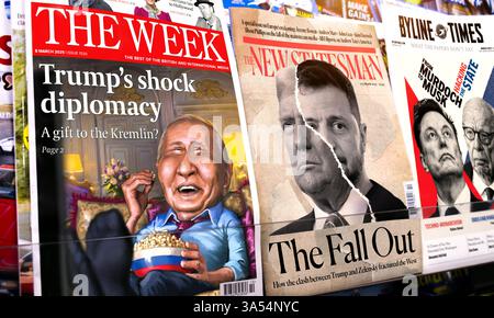 Russia Ukraine news headlines on war featuring world leaders Vladimir Putin, US President Donald Trump, Volodymyr Zelenskyy and Tesla CEO Elon Musk. Stock Photo