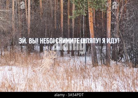 Yekaterinburg, Russia - February 26, 2025: Serene winter landscape. Forest of tall pine trees with snow-covered ground. Striking text installation in Stock Photo