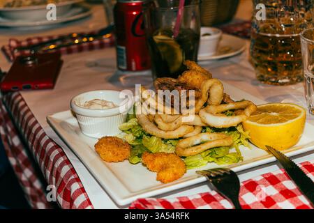 Deep fried shrimp and calamari rings in Marrakech restaurant Stock Photo