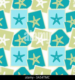 Postage stamps with starfish, vintage seamless pattern about travel and vacation. Bright sea vibe. Vector illustration Stock Vector