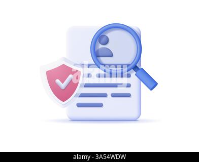 Document with shield under magnifying glass. Vector 3d illustration. Stock Vector