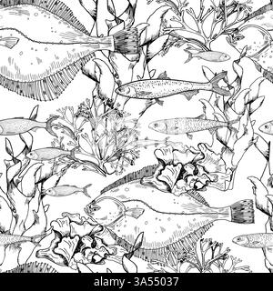 Sea fishes, corals, and seaweed monochrome vector seamless pattern. Ocean life elements repeated black white background hand drawn. Marine design for Stock Vector