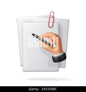 3d white blank paper page and hand with pen Stock Vector