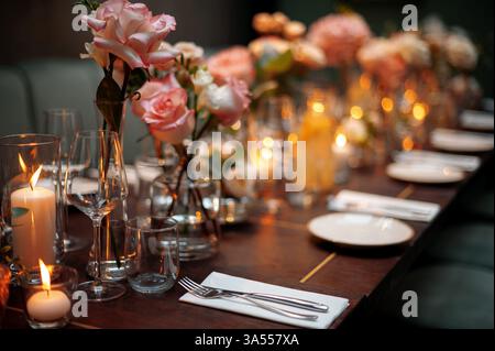 Beautiful table setting for wedding or another catered event dinner. Stock Photo