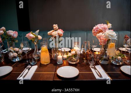 Beautiful table setting for wedding or another catered event dinner. Stock Photo