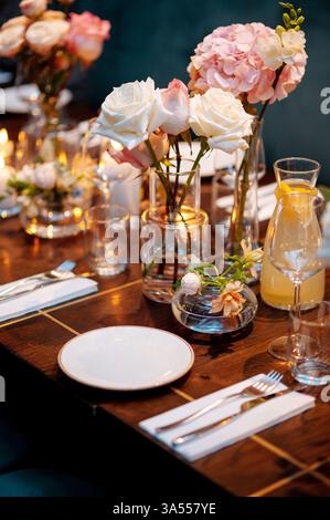 Beautiful table setting for wedding or another catered event dinner. Stock Photo