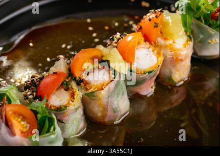 spring rolls with shrimp, sesame and soy sauce Stock Photo