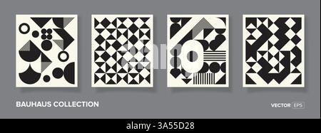 Retro set of four black and white geometric vector pattern minimal posters with 20s geometric design. Trendy bauhaus pattern background for cover Stock Vector