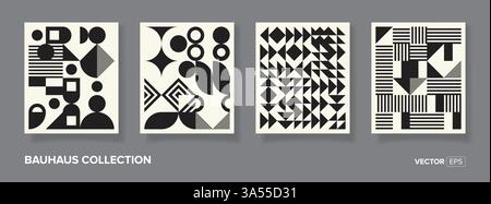 Retro set of four black and white geometric vector pattern minimal posters with 20s geometric design. Trendy bauhaus pattern background for cover Stock Vector