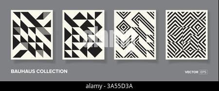 Retro set of four black and white geometric vector pattern minimal posters with 20s geometric design. Trendy bauhaus pattern background for cover Stock Vector