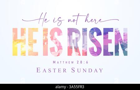 He is not here, He is Risen - Easter Sunday watercolor lettering design. Creative Easter template for banners or posters for Sunday church service Stock Vector