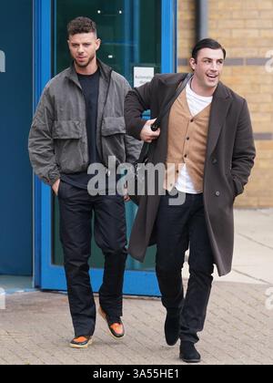 Jack Fincham (right) leaving Basildon Crown Court, following an appeal hearing after he previously admitted to two counts of being in charge of a dangerously out of control dog, and he was jailed for six weeks. Picture date: Friday March 21, 2025. Stock Photo