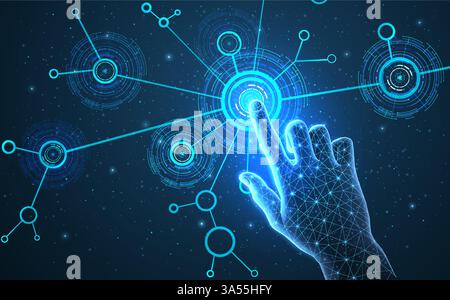 Hand on the blue digital background. Technology digital, future information. Stock Vector