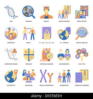 Ancestry or Genealogy Icon Set with Family Tree Album, DNA, beakers ...