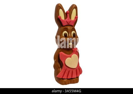 Chocolate easter bunny in a dress isolated on white background Stock Photo