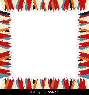 Colorful snowy pine tree frame. Festive greeting template with Christmas tree elements. Bright borde Stock Vector