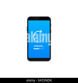 Smartphone displaying software update progress with blue background and loading icon Stock Vector