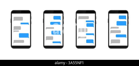 Smartphones displaying interactive text messages on different screens in a row Stock Vector
