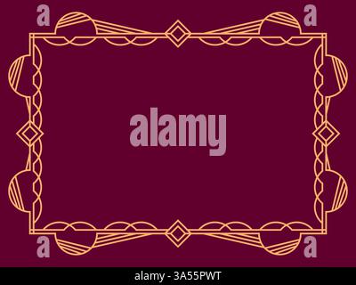 Geometric frame of gold lines on a burgundy background. Linear border. Linear design of geometric frame with space for text, invitations, flyers and g Stock Vector