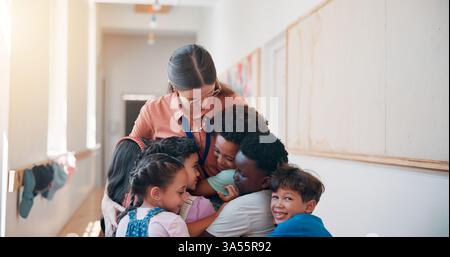 School, care and children hugging teacher for bonding, learning and education development. Happy, connection and kids embracing woman educator for Stock Photo
