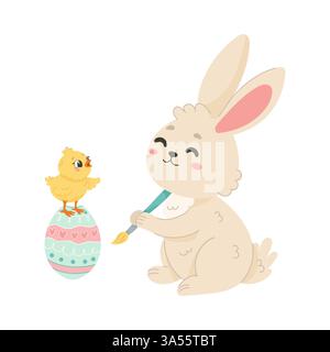 Adorable Easter Bunny Painting an Egg  Cute Spring Illustration Stock Vector