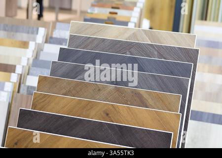 Samples of modern flooring in the showroom. Industry Stock Photo