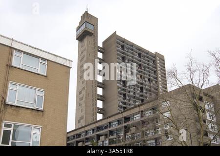 Trellick Tower and its service tower Cheltenham Estate, Kensal Town, London. The brutalist style tower block was designed by architect Erno Goldfinger Stock Photo