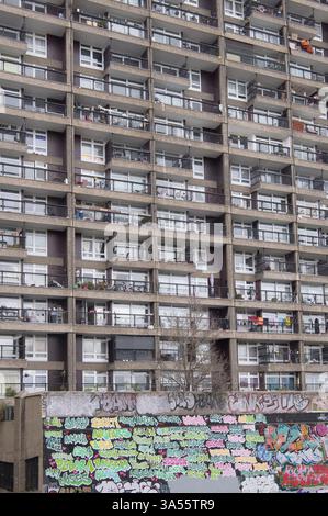 Balconies at Trellick Tower on the Cheltenham Estate in Kensal Town, London. The brutalist style tower block was designed by architect Erno Goldfinger Stock Photo