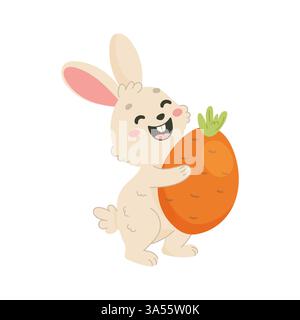 Happy Easter Bunny Holding a Giant Carrot  Cute Spring Clipart Stock Vector