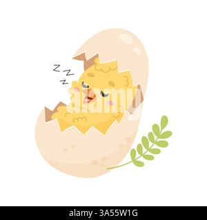 Sleeping Easter Chick in an Eggshell  Cute Spring Illustration Stock Vector