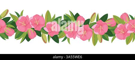 Seamless border with pink exotic flowers in flat style. Vector pattern of Mauritius Trochetia boutoniana. Illustration National symbol of Mauritius. Stock Vector