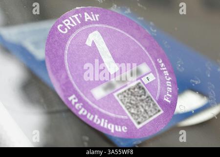 Paris, France. 21st Mar, 2025. View of the Crit Air 1 sticker, in Paris ...