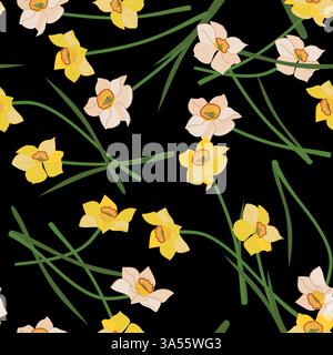 Seamless pattern with daffodils on black background. Vector yellow and white spring flowers, Mother's Day gift. Colorful flat vector illustration for wedding decoration. Illustration of narcissus. Stock Vector