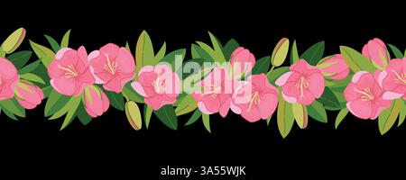 Seamless border with pink exotic flowers in flat style. Vector pattern of Mauritius Trochetia boutoniana on black background. Illustration National symbol of Mauritius. Stock Vector