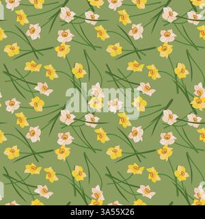 Seamless pattern with daffodils on green background. Vector yellow and white spring flowers, Mother's Day gift. Colorful flat vector illustration for wedding decoration. Narcissus illustration. Stock Vector