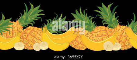 Seamless border with bananas and pineapples. Vector pattern with tropical fruits on a black background. Stock Vector