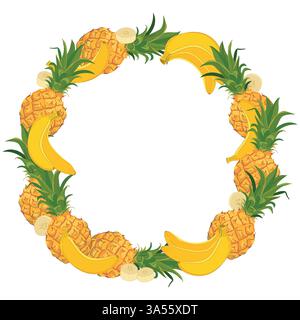 Tropical round frame with bananas and pineapples. Vector wreath with tropical fruits. Beach party template with text place. Stock Vector